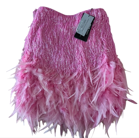 NWT Nadine Merabi Sara Pink Beaded Fringe Feathered Skirt Size XS/2 - Picture 2 of 13